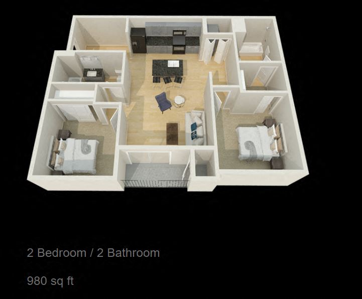 Floor plan for 2 beds, 2 baths, 980 sqft